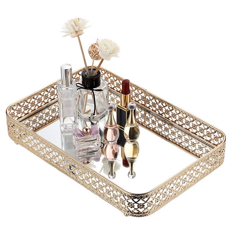 ELLDOO Perfume & Makeup Vanity Tray - Hollow-Carved Jewelry Storage, Glass & Metal Trinket Organizer for Dresser & Bathroom Countertop, Gold, Medium Size - Image 1
