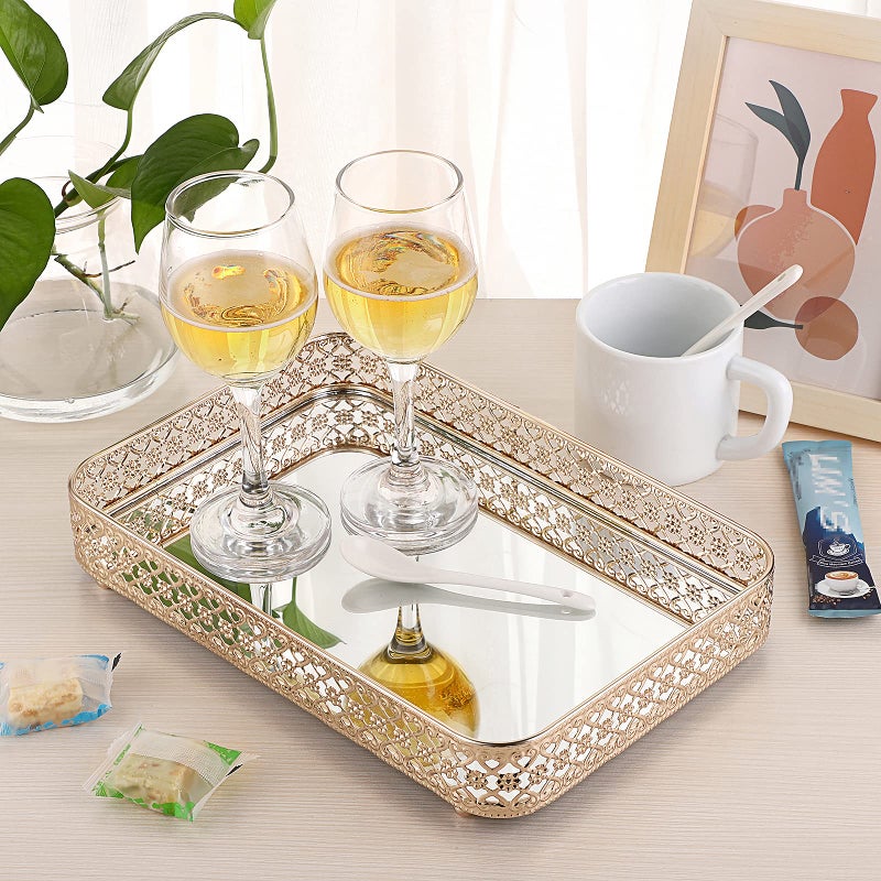 ELLDOO Perfume & Makeup Vanity Tray - Hollow-Carved Jewelry Storage, Glass & Metal Trinket Organizer for Dresser & Bathroom Countertop, Gold, Medium Size - Image 3