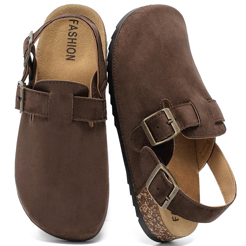 DDXYYDS Women's Suede Clogs with Back Strap Men's Cork Footbed Leather Mules Clogs for Women Comfort Memory Foam Slingback Clog Sandals with Adjustable Buckle Slip on Potato Shoes Dark Brown - Image 1