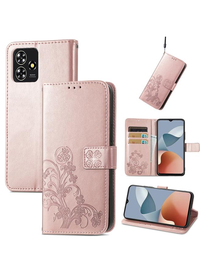 For ZTE Blade A73 4G Four-leaf Clasp Embossed Leather Phone Case(Rose Gold)