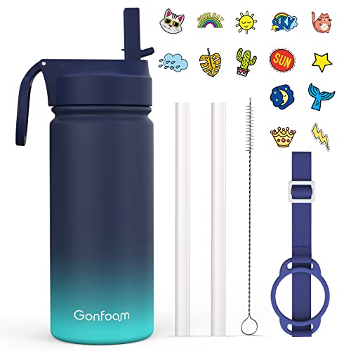 Gonfoam Kids Water Bottle, 16oz Water Bottles Kids with Straw and Stickers, Stainless Steel Vacuum Double Wall Insulated cup, Kids Water Bottle for School, Gifts for Boys(Navy blue) - Image 1