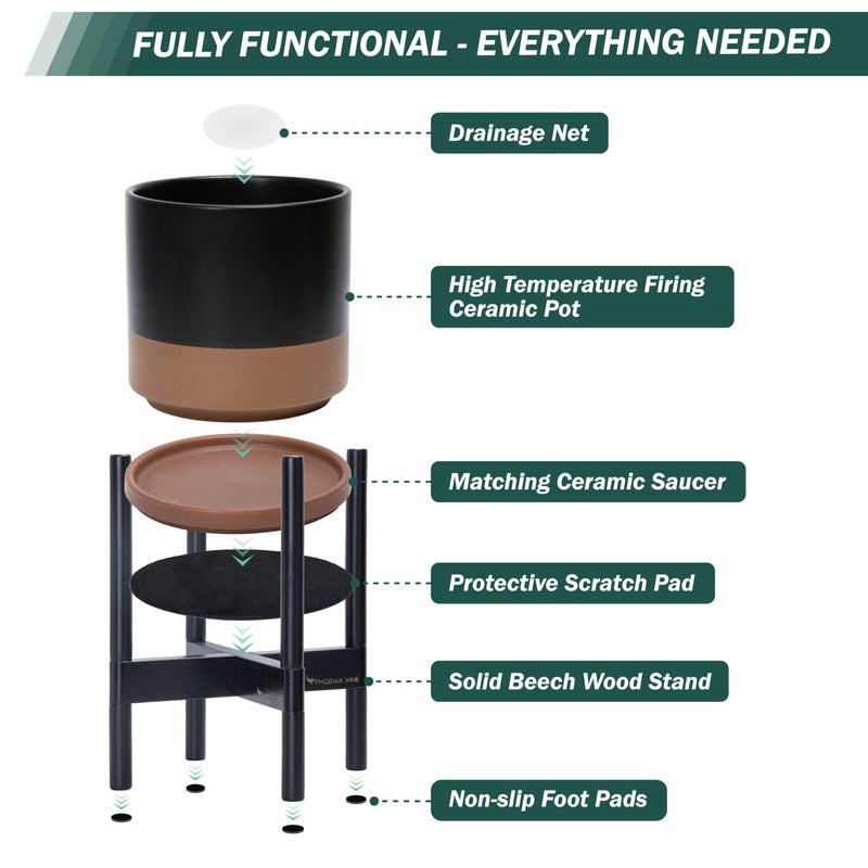 D'vine Dev Ceramic Planter with Ebony Stand - 8 Inch Modern Round Flower Pot with Wood Planter Holder, Black/Speckled Tan, 55-B-M-7 - Image 5