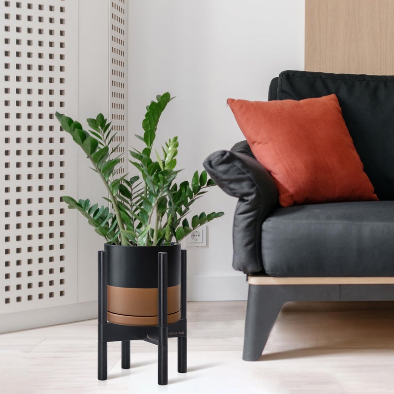 D'vine Dev Ceramic Planter with Ebony Stand - 8 Inch Modern Round Flower Pot with Wood Planter Holder, Black/Speckled Tan, 55-B-M-7 - Image 4