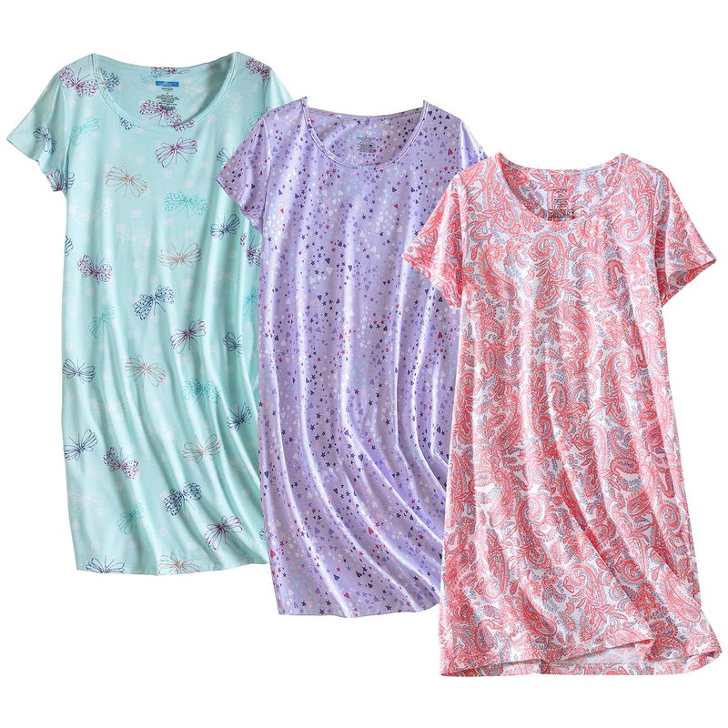 PNAEONG 3 Pack Womens Cotton Nightgown Sleepwear Short Sleeves Shirt Casual Print Sleepdress SY003FlyPurplePaisley3XL