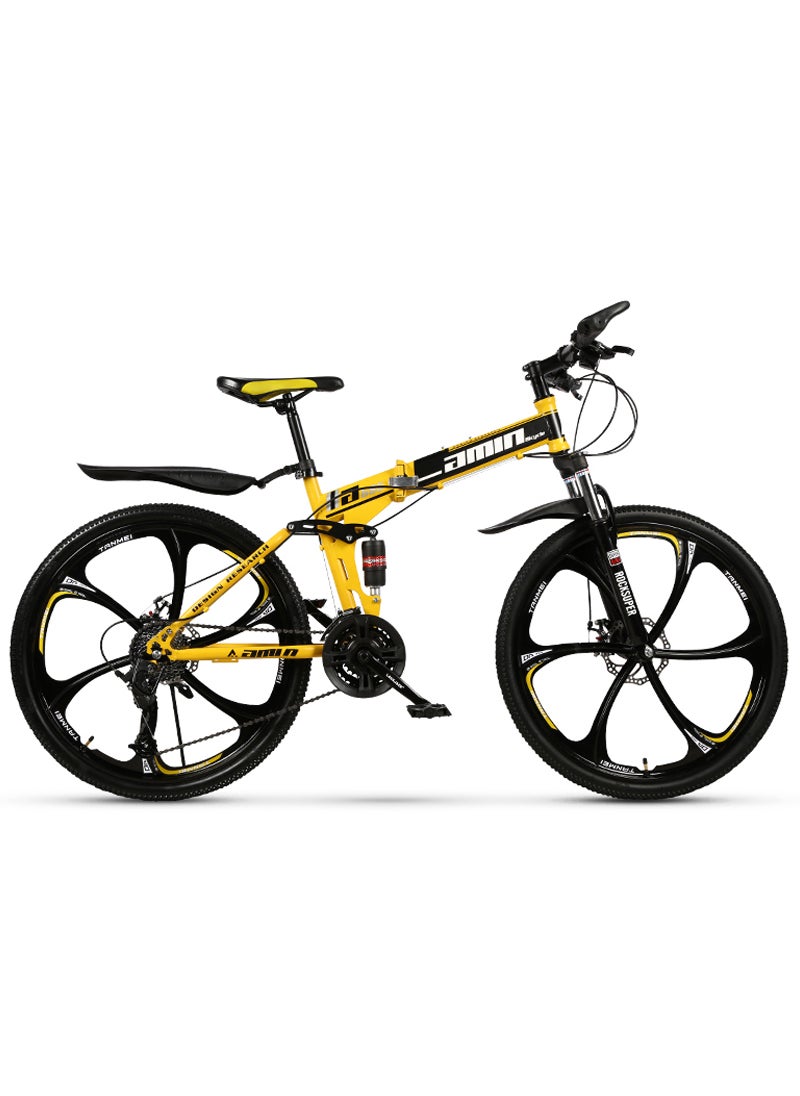 amin 26 Inch Folding Mountain Bike, 24 Speed Full Suspension High-Carbon Steel Foldable Bicycle, Dual Disc Brake Non-Slip Folding Bikes for Adults/Men/Women，Shock Absorption, 6-Blade Wheel  - Image 1
