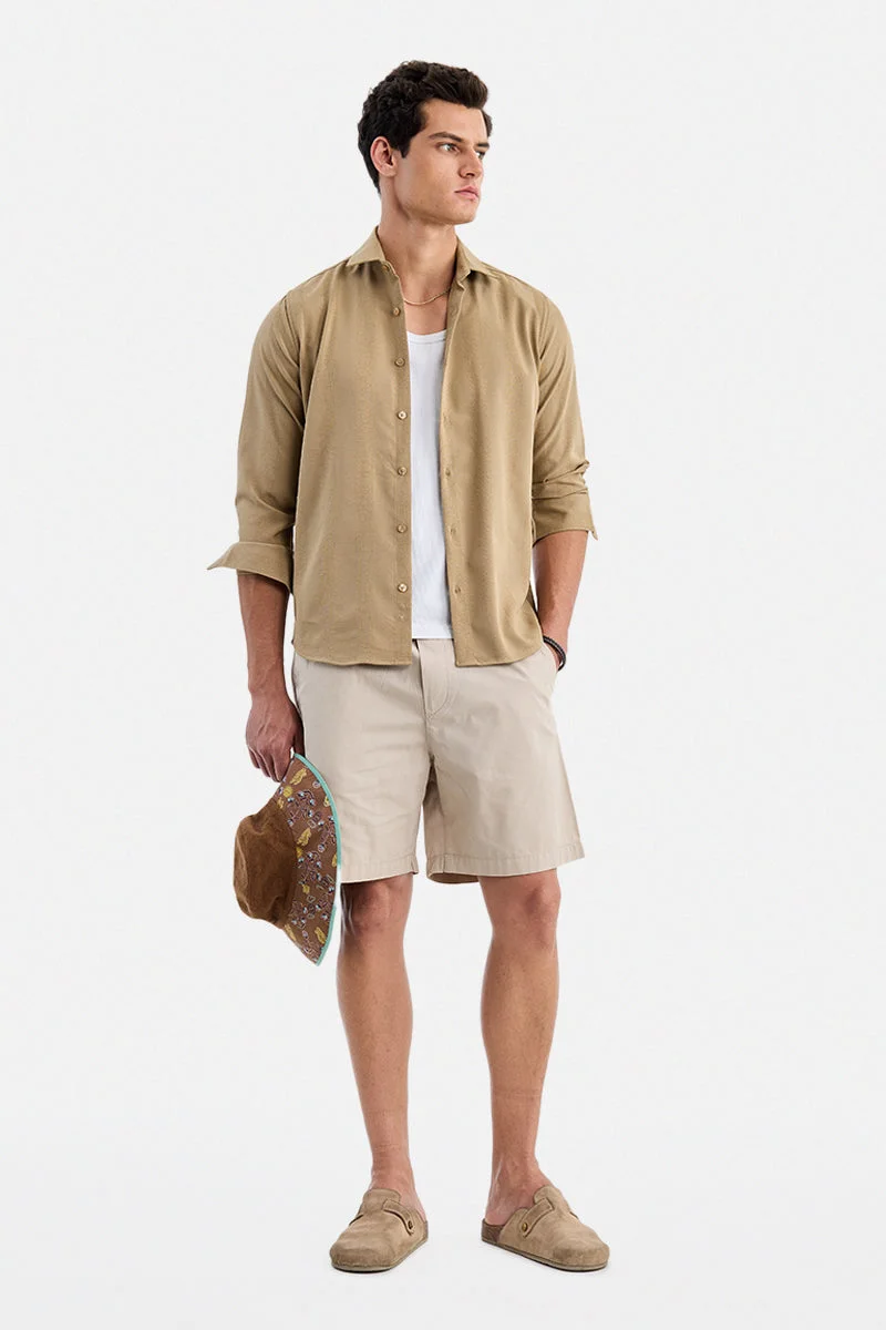 سنيتش Khaki Textured Long Sleeve Slim Fit Shirt