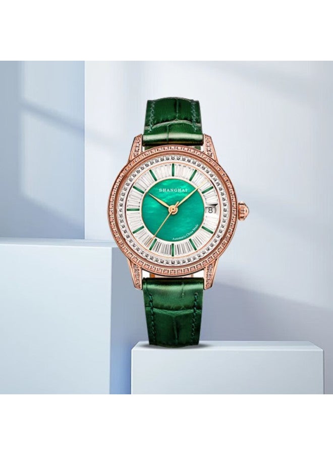 Shanghai Watch, Women's Automatic Mechanical Watch, Metropolitan Series, Crystal Green With Diamond-encrusted Leather Strap Women's Watch, 22mt - Image 1