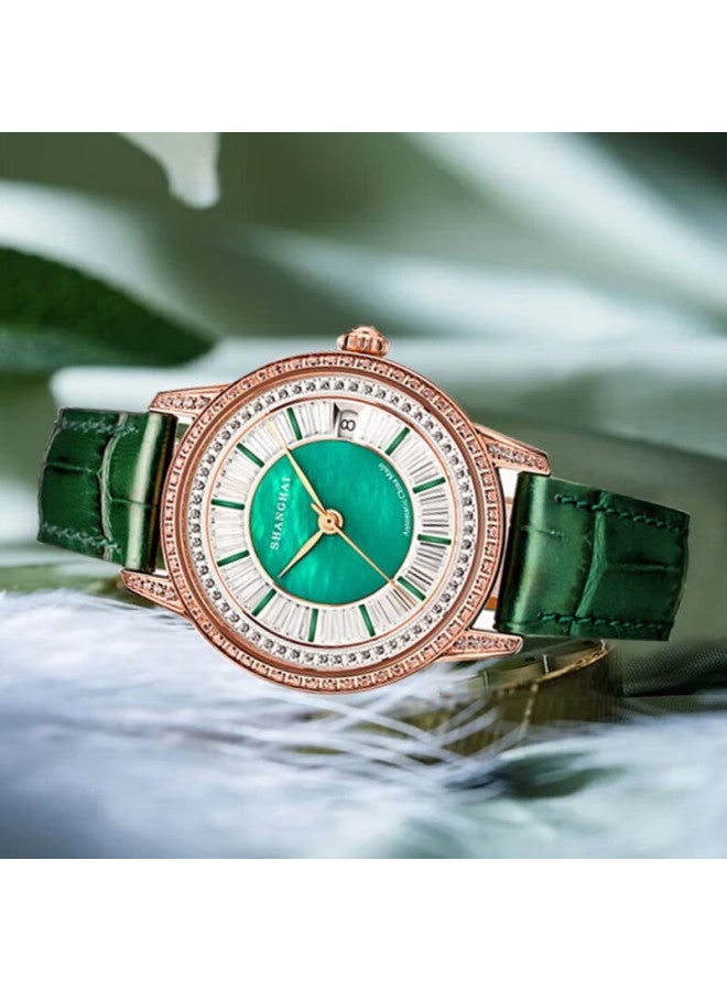 Shanghai Watch, Women's Automatic Mechanical Watch, Metropolitan Series, Crystal Green With Diamond-encrusted Leather Strap Women's Watch, 22mt - Image 2