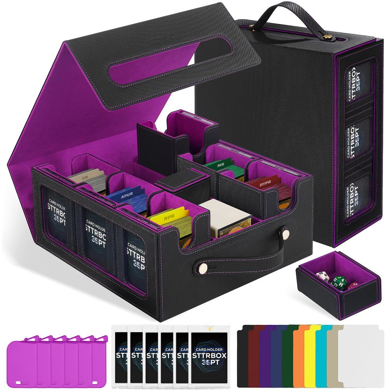 STTRBOX Commander Deck Box with Handle, Trading Card Storage Box for MTG&TCG.7 in 1 MTG Deck Box with 6 Toploaders, 6 Stoppers, 10 Colorful Dividers. (Black& Purple, 7 IN 1) - Image 1