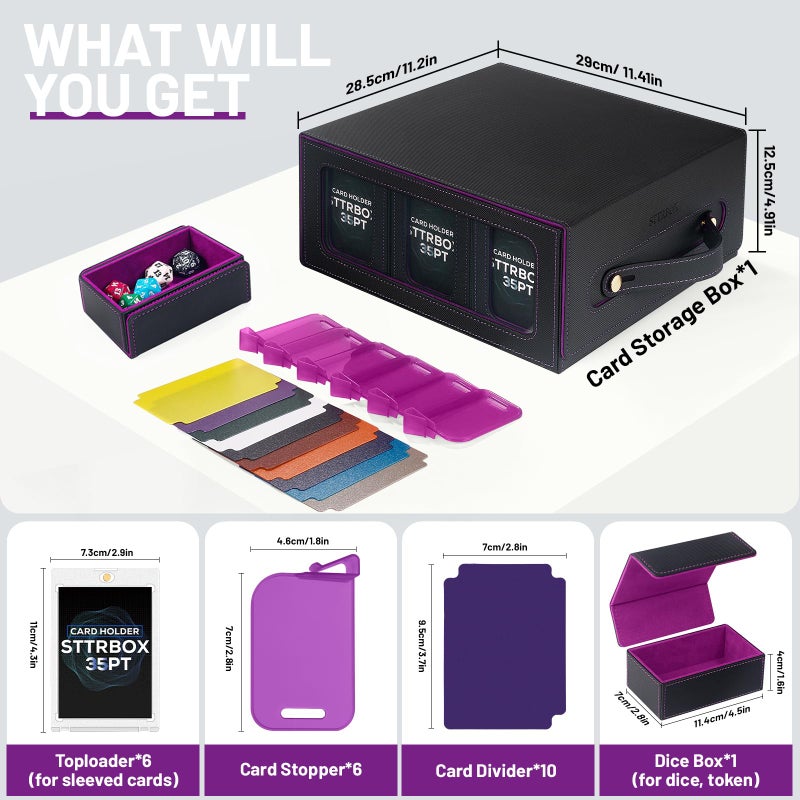 STTRBOX Commander Deck Box with Handle, Trading Card Storage Box for MTG&TCG.7 in 1 MTG Deck Box with 6 Toploaders, 6 Stoppers, 10 Colorful Dividers. (Black& Purple, 7 IN 1) - Image 2
