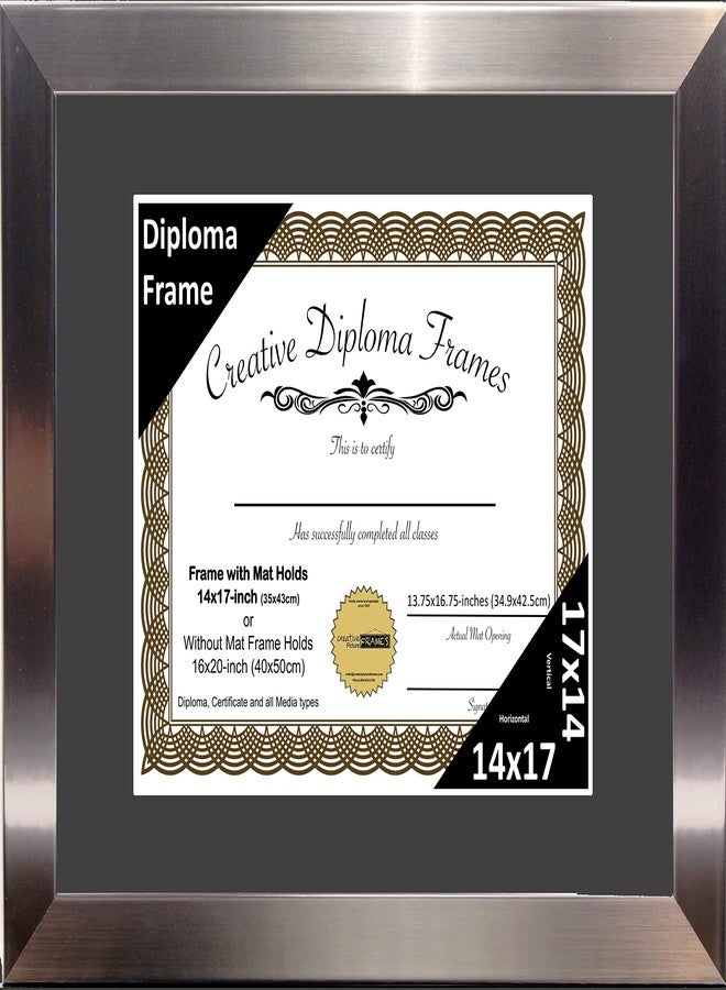 Creative Picture Frames 14x17 Carnegie Stainless Steel Finish Diploma Frame with Black Mat Glass and Installed Wall Hangers | Frame Holds 16x20 Media without Mat - Image 1
