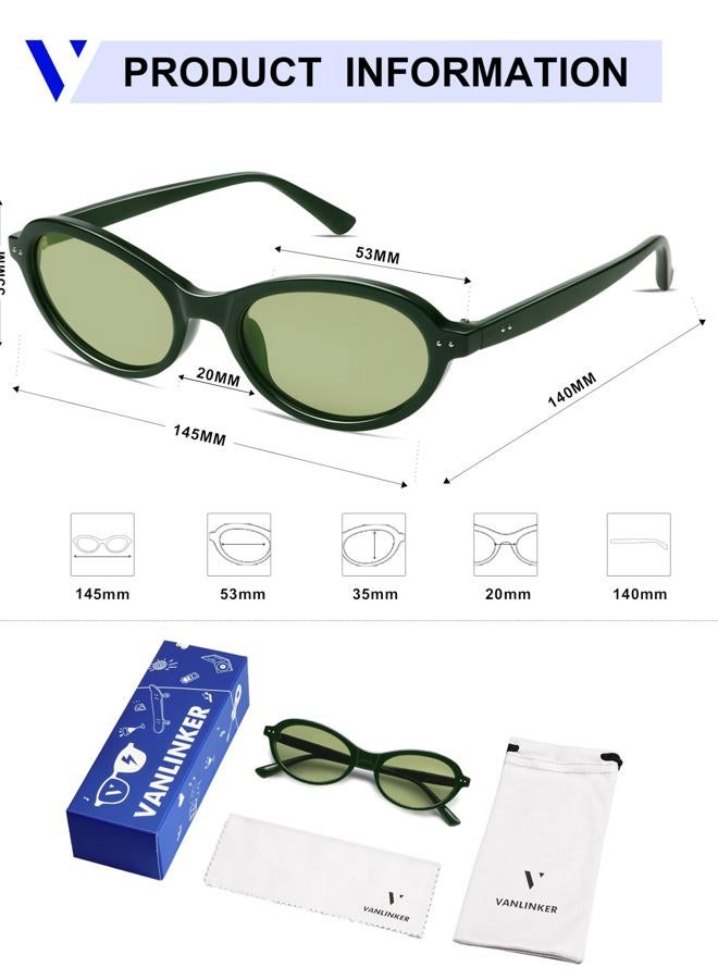 VANLINKER Trendy Oval Polarized Sunglasses for Women Men Small 90s Style Retro Cat Eye Frame Narrow Sleek Design VL9847, C5-dark Green/Light Green, Medium - Image 5