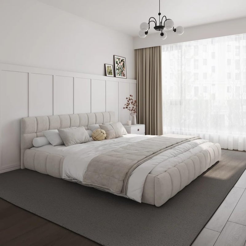 Modern Upholstered Bed Frame with Tufted Headboard - Premium Linen Textured Fabric Platform Bed - Sturdy Wooden Slat Support, No Box Spring Required (Beige, Single (100x200cm) with Mattress) - Image 1
