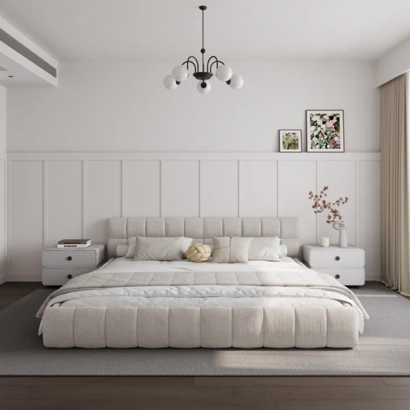 Modern Upholstered Bed Frame with Tufted Headboard - Premium Linen Textured Fabric Platform Bed - Sturdy Wooden Slat Support, No Box Spring Required (Beige, Single (100x200cm) with Mattress) - Image 2