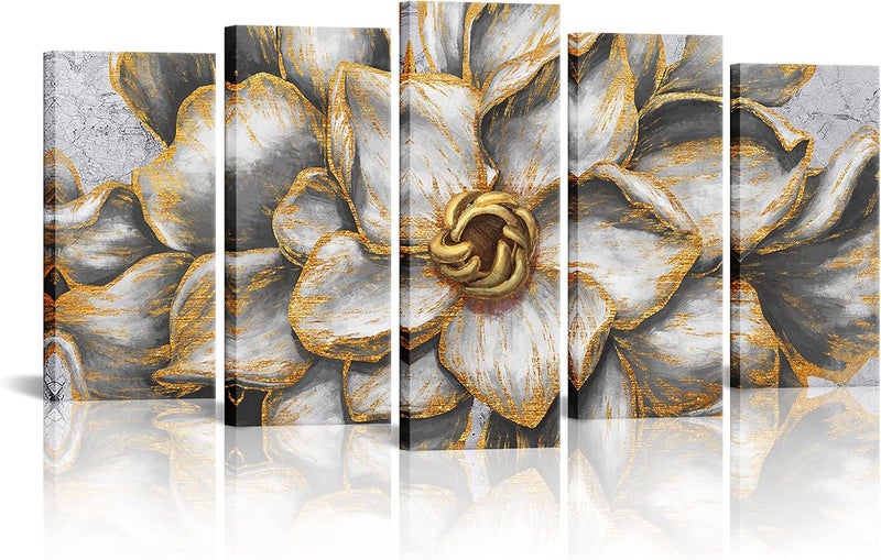 Kalormore 5-Piece Gold Grey Blossom Canvas Art - Image 1