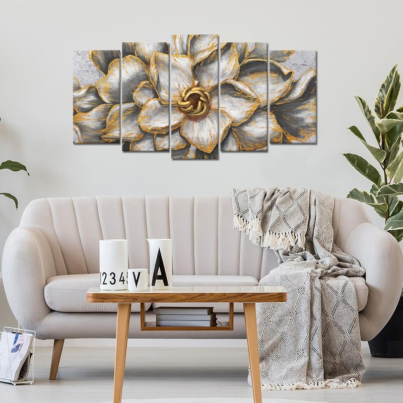 Kalormore 5-Piece Gold Grey Blossom Canvas Art - Image 3
