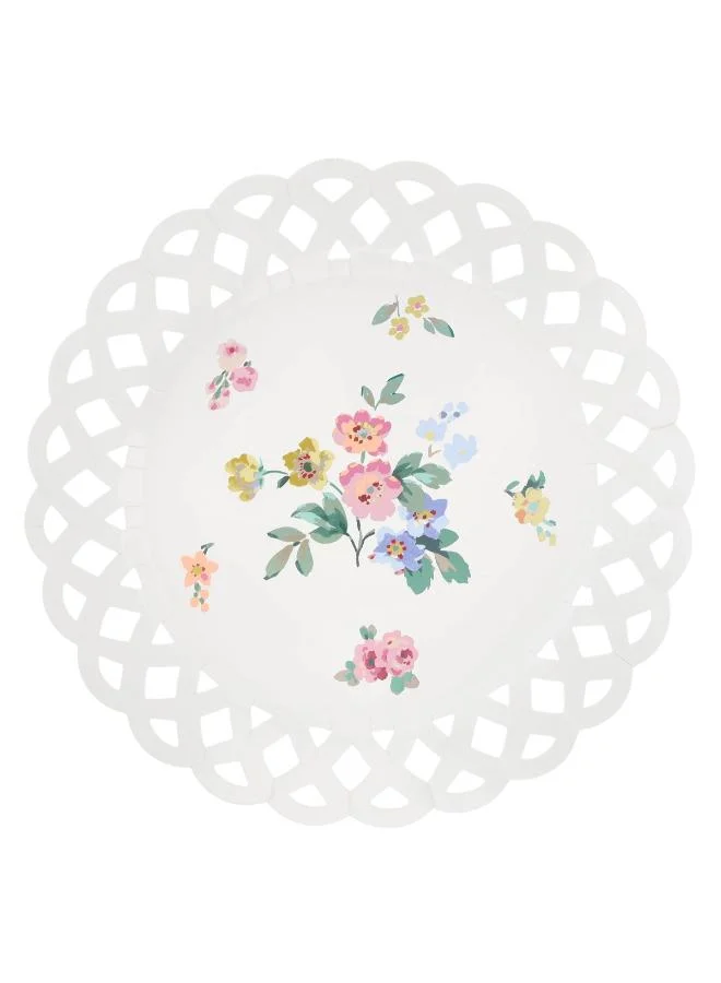 Basketweave Floral Dinner Plates - Pack of 8 Paper Plates with Scalloped Edge, Elegant Cut-Out Border, Perfect for Garden Lunches, Afternoon Teas and Celebrations