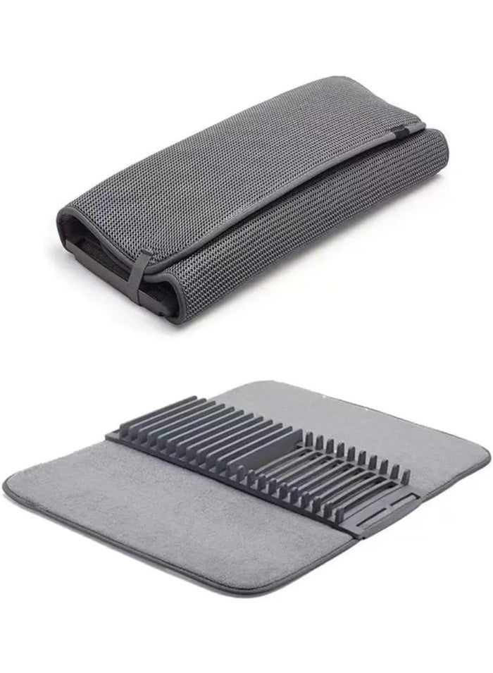 وايد وينغز وسادة تجفيف المطبخ - حصيرة تجفيف أطباق من الألياف الدقيقة مع رف للأطباق، وسادة تجفيف محمولة قابلة للطي للأطباق والأوعية والأكواب والأواني، امتصاص قوي للماء - Image 2