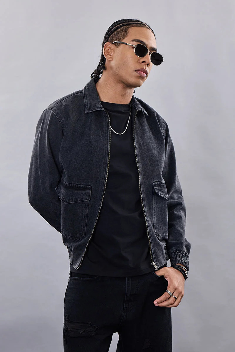 SNITCH جاكيت جينز بسحاب رمادي فحم سناتش ريفوليوشن