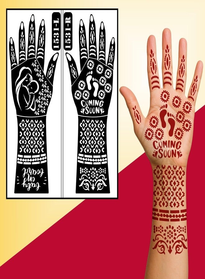ORDERSHOCK Godh Bharai Mehndi Stencil Design With Pregnancy Theme, Mother And Child Illustration And Full Palm Coverage - Image 3