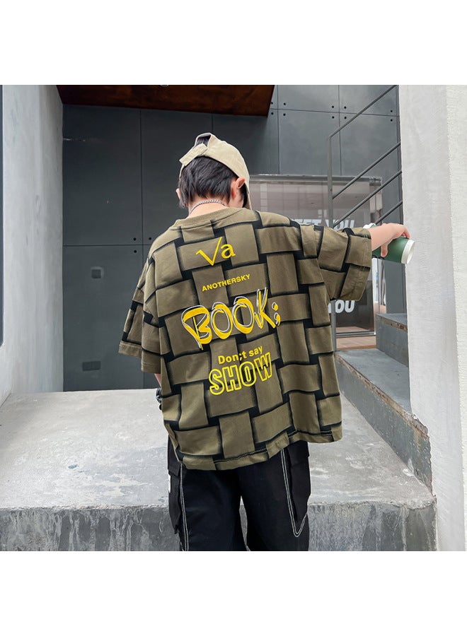 Trendy Brand Hip Hop Style Plaid Boys Short Sleeve T-shirt Summer  New Middle School Children Summer Half Sleeve Top