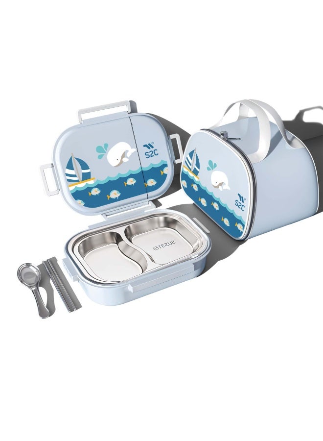 S2C LittleZen Kids Bento Lunch Box – Leak-Proof Compartmented Stainless Steel Lunch Box with Spoon | Microwavable BPA-Free Tray & Anti-Slip Base - Image 1
