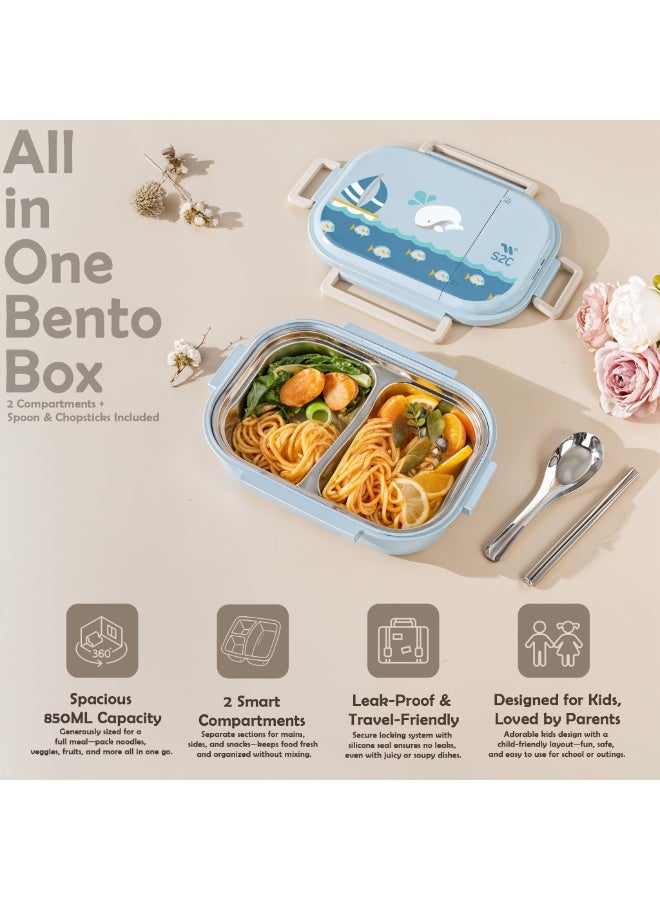 S2C LittleZen Kids Bento Lunch Box – Leak-Proof Compartmented Stainless Steel Lunch Box with Spoon | Microwavable BPA-Free Tray & Anti-Slip Base - Image 2
