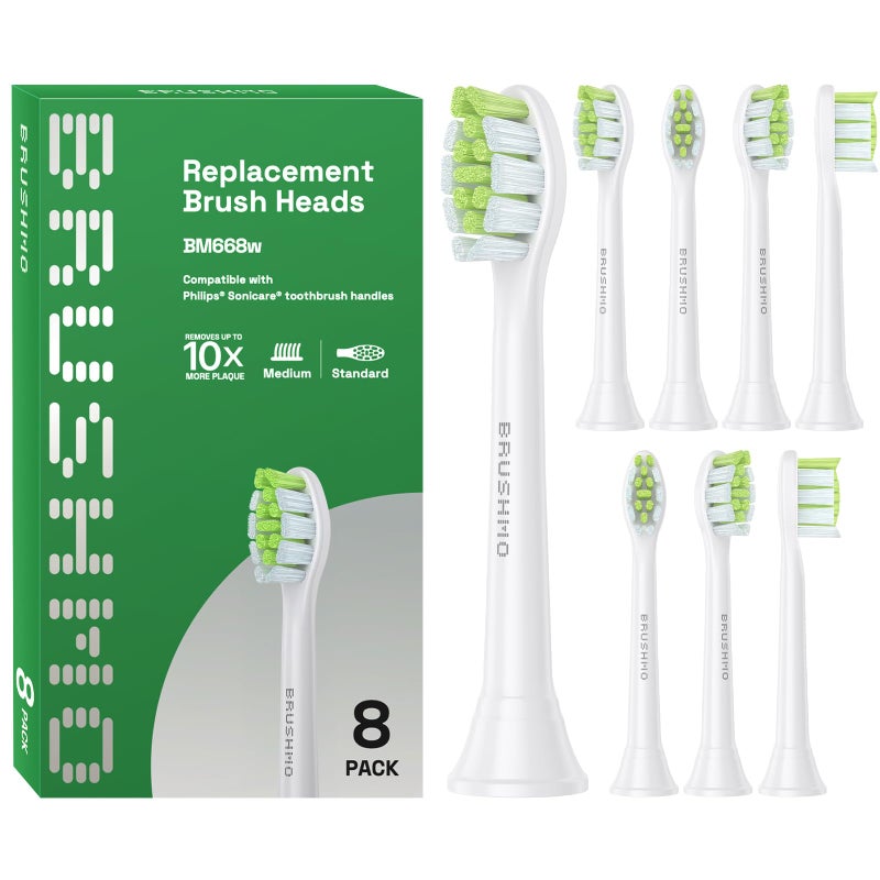 Brushmo Whitening Replacement Toothbrush Heads Compatible with Philips Sonicare Clickon Electric Toothbrush Handles 8 Standard Heads Medium Firm DiamondShape Dupont Bristles BM668 White