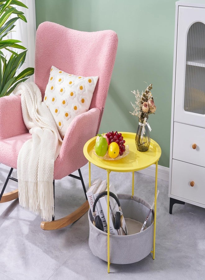 VECELO Round Side/End Table with Fabric Storage Basket，Metal Anti-Rust and Waterproof Small Bedside Nightstand with Removable Tray Top for Living Room，Balcony & Laundry，Yellow /1pcs with Basket - Image 2