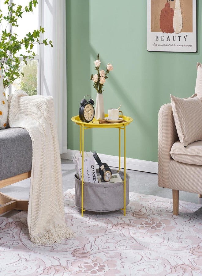 VECELO Round Side/End Table with Fabric Storage Basket，Metal Anti-Rust and Waterproof Small Bedside Nightstand with Removable Tray Top for Living Room，Balcony & Laundry，Yellow /1pcs with Basket - Image 3