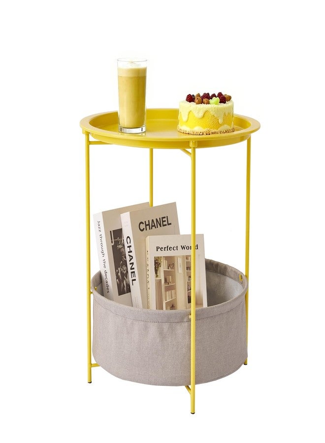 VECELO Round Side/End Table with Fabric Storage Basket，Metal Anti-Rust and Waterproof Small Bedside Nightstand with Removable Tray Top for Living Room，Balcony & Laundry，Yellow /1pcs with Basket - Image 1