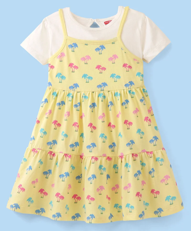 babyhug Babyhug 100% Cotton Knit Frock With Half Sleeves Inner Tee Palm Tree Print - Yellow & White
