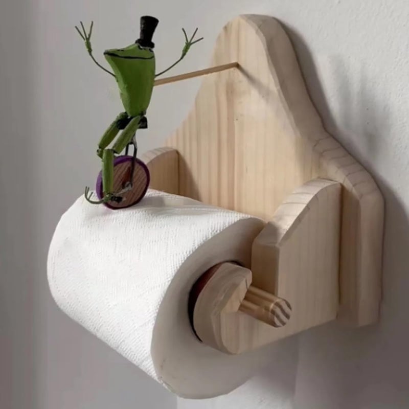 klarako Creative Frog Riding Bicycle Toilet Paper Holder, Frog on Unicycle Wall Mounted Tissue Roll Holder, Frog-Shaped Wood Toilet Paper Holder, Bathroom Shelf - Image 1