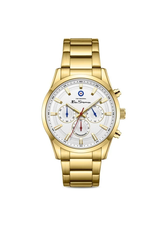 بين شيرمان Cambridge White Dial Gold Stainless Steel Bracelet Chronograph Watch for Men, 42mm