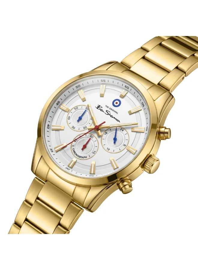 بين شيرمان Cambridge White Dial Gold Stainless Steel Bracelet Chronograph Watch for Men, 42mm