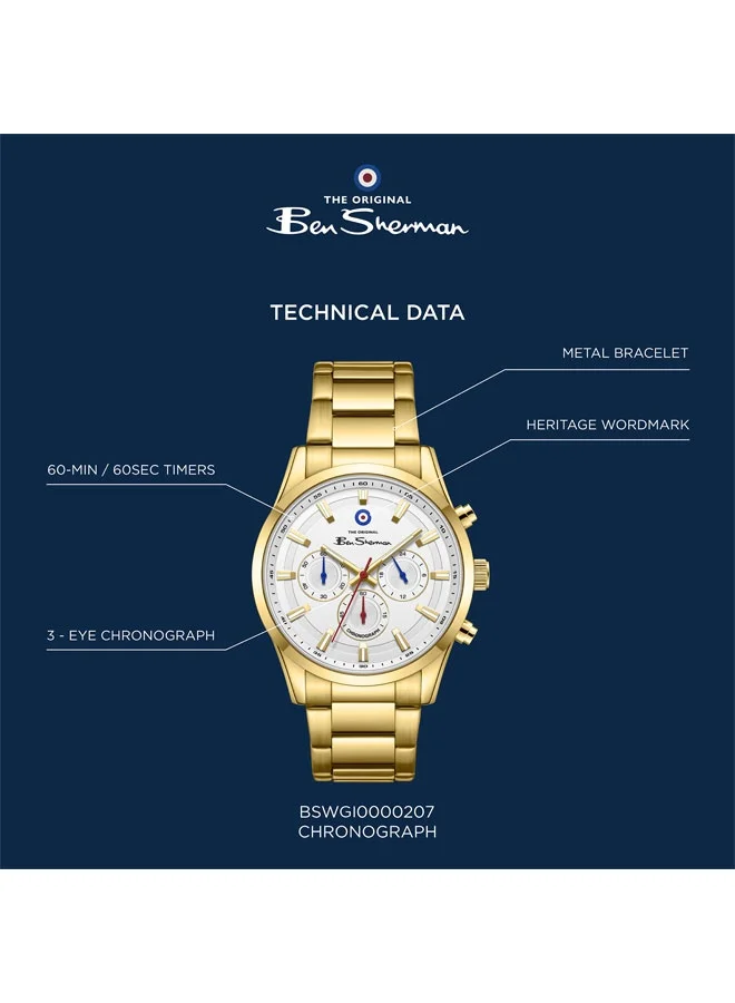 Ben Sherman gold Cambridge White Dial Gold Stainless Steel Bracelet Chronograph Watch for Men, 42mm for Men | Best Price UAE