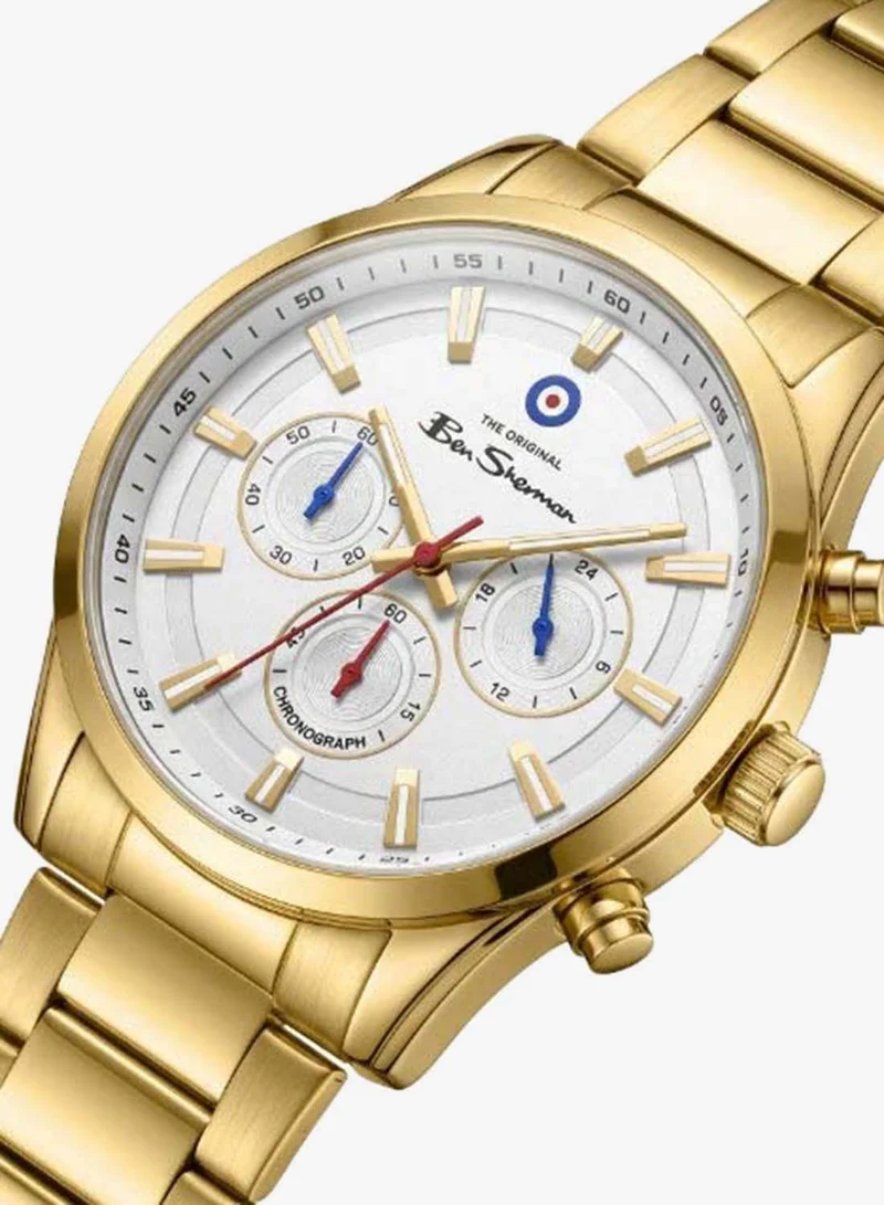 Ben Sherman Cambridge White Dial Gold Stainless Steel Bracelet Chronograph Watch for Men, 42mm