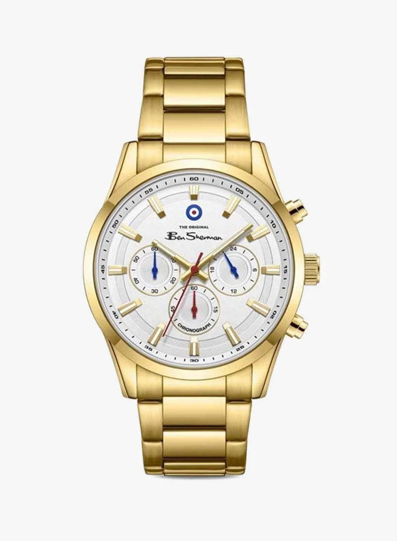 Ben Sherman Cambridge White Dial Gold Stainless Steel Bracelet Chronograph Watch for Men, 42mm