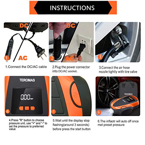 TEROMAS Tire Inflator Portable Air Compressor, Air Pump DC/AC for Car Tires 12V DC and Other Inflatables at Home 110V AC, Digital Electric Tire Pump with Pressure Gauge(Orange) - Image 4