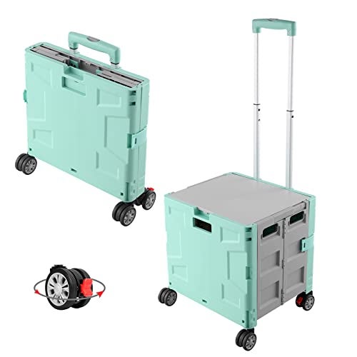 FELICON Folding Utility Cart Portable Rolling Crate Handcart with Durable Heavy Duty Plastic Telescoping Handle Collapsible Hidden Lid 4 Rotate Wheels for Travel Shop Move Office TeacherGreenGray