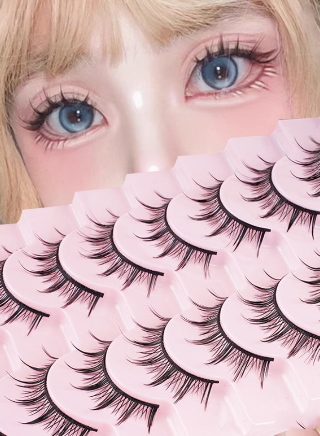 PLUSOX 10 Pairs Hard Stem Cartoon False Eyelashes With Built In Eyeliner Effect Eye Shape Modification Can Support Double Eyelids Natural Fit Thin Thread Cotton Stem Natural Transition Dense Mixed False Eyelashes Easy To Apply Daily Makeup Eyelashes Black​ - Image 1