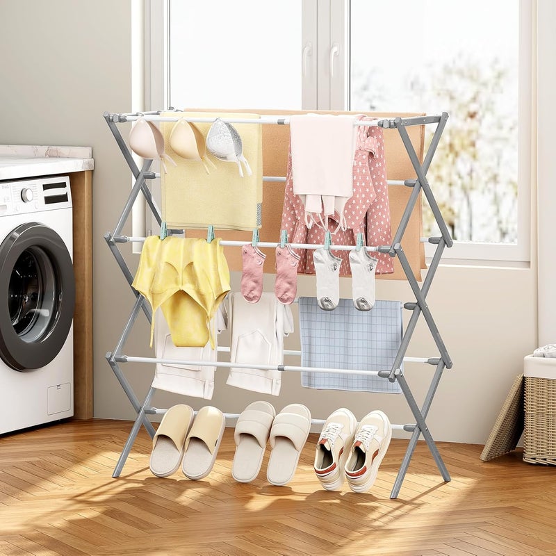 KINGBOARD Clothes Drying Rack, Collapsible Drying Rack Clothing with 11 Poles, 3-Tier Laundry Drying Rack, Small Clothes Drying Rack Foldable for Baby Clothes, 25lb Capacity, White & Grey - Image 2