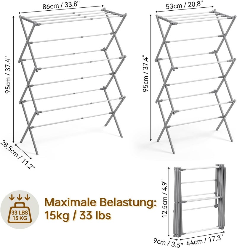 KINGBOARD Clothes Drying Rack, Collapsible Drying Rack Clothing with 11 Poles, 3-Tier Laundry Drying Rack, Small Clothes Drying Rack Foldable for Baby Clothes, 25lb Capacity, White & Grey - Image 3