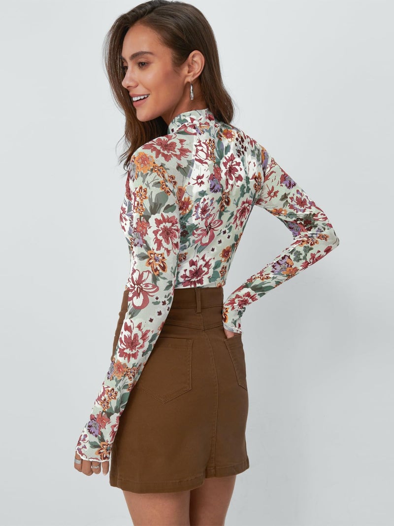 Dealmore Lace Sheer Floral Mesh Mockneck Going Out Tops for Women Fall Fashion Spring Outfits 2026 Clothes Floral Spiced L - Image 4
