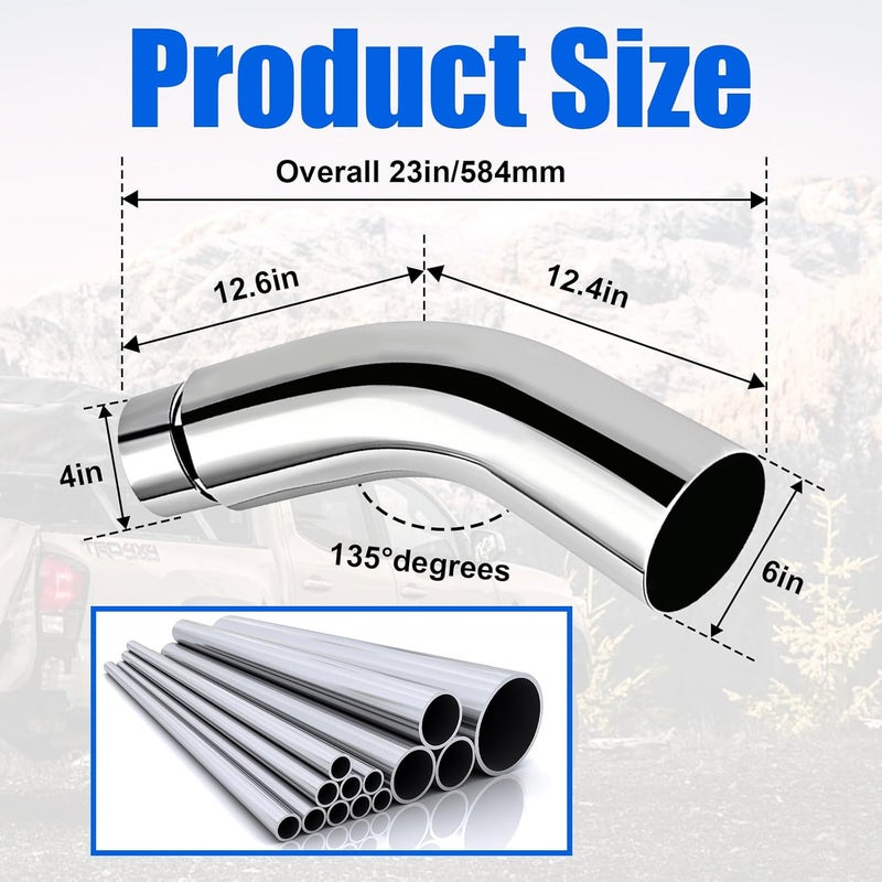 Floshine Diesel Exhaust Elbow Tip, 4" Inlet/6" Outlet X 23" Long, Chromed Steel Side Exit Exhaust Tip - Image 3