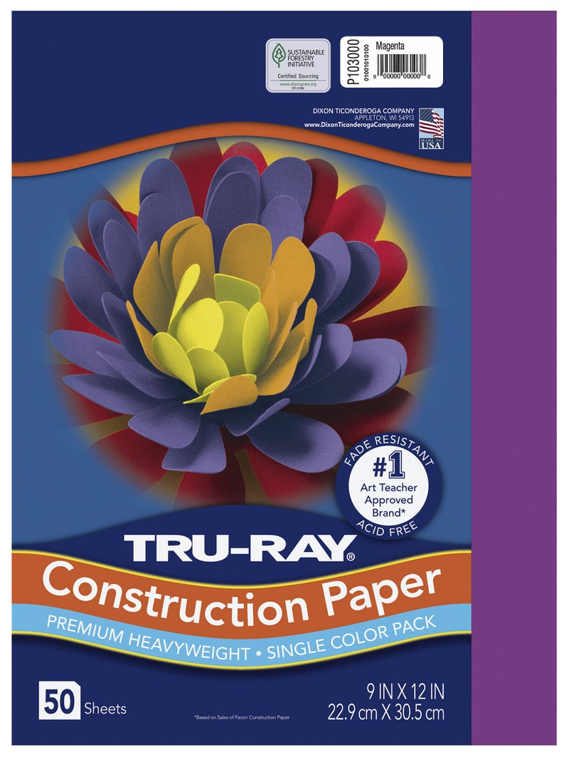 Tru-Ray Heavyweight Construction Paper, Magenta, 9" x 12", 50 Sheets (103000) - Image 1