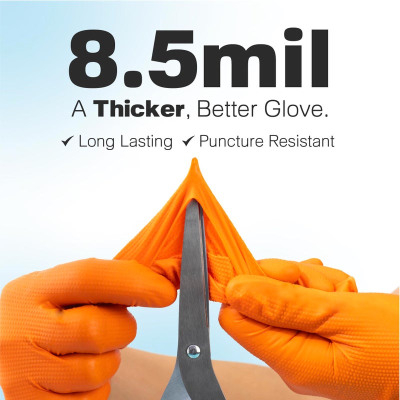 Raxwell Nitrile Gloves - 8.5 Mil Heavy Duty Diamond Texture for Grip - Puncture Resistant Latex Free for Mechanics - 100 Count - Nitrile Gloves Standard - Large Textured Gloves, Orange Cleaning Gloves - Image 1