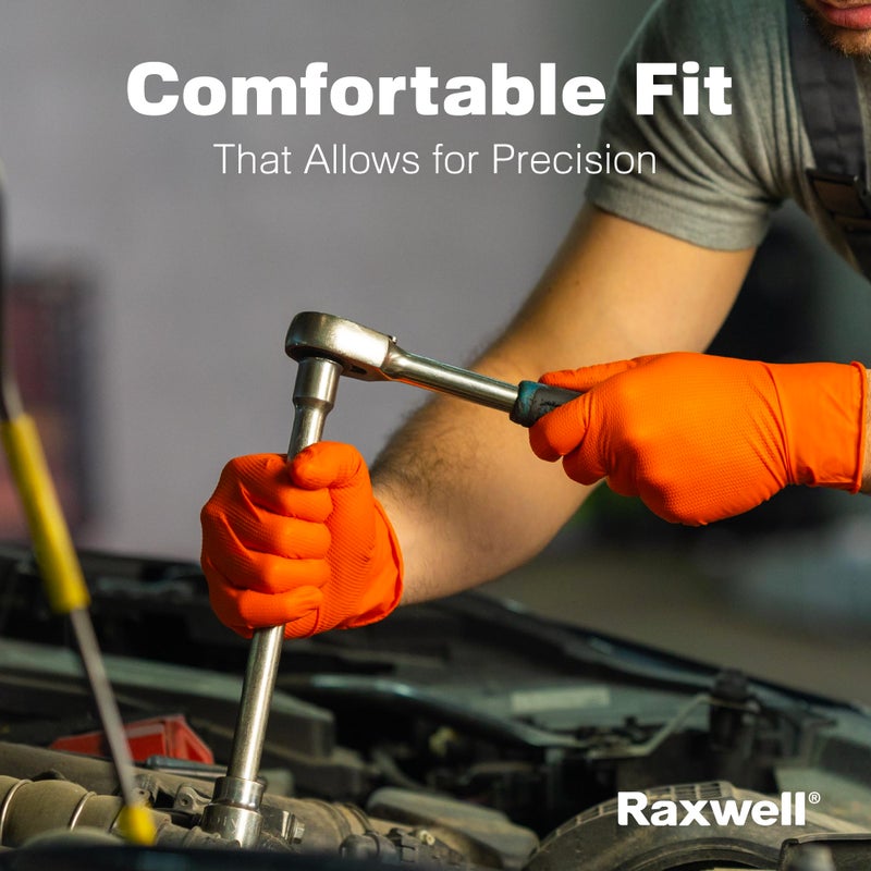 Raxwell Nitrile Gloves - 8.5 Mil Heavy Duty Diamond Texture for Grip - Puncture Resistant Latex Free for Mechanics - 100 Count - Nitrile Gloves Standard - Large Textured Gloves, Orange Cleaning Gloves - Image 3