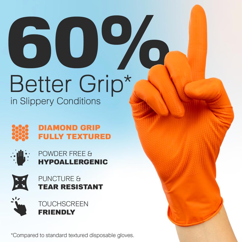 Raxwell Nitrile Gloves - 8.5 Mil Heavy Duty Diamond Texture for Grip - Puncture Resistant Latex Free for Mechanics - 100 Count - Nitrile Gloves Standard - Large Textured Gloves, Orange Cleaning Gloves - Image 2