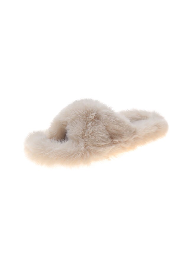 Plus Size Furry Slippers For Women Autumn And Winter New European And American Outdoor Flat Furry Cross Open Toe Slippers
